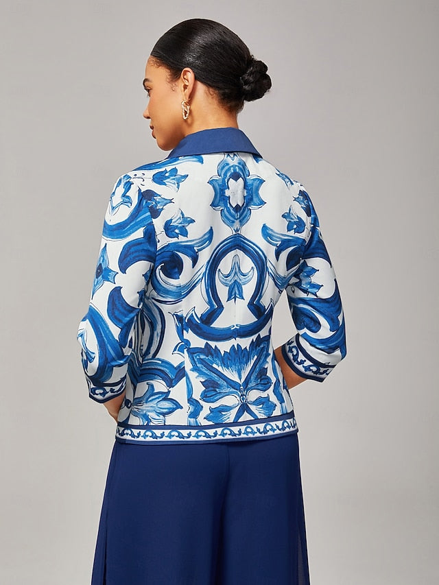Women's Blue and White Porcelain Print Blazer Notched Lapel