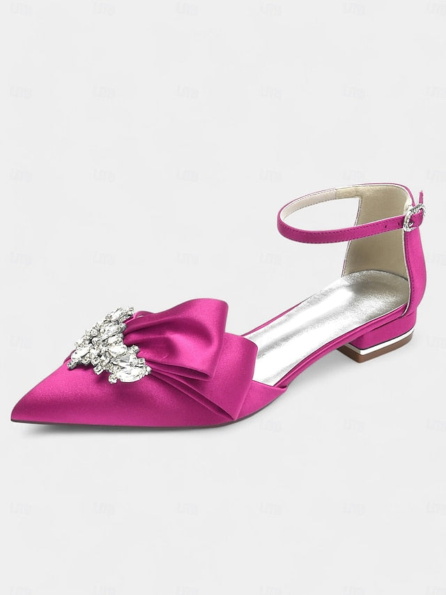 Rhinestone Satin Pointed-Toe Ankle White and Heels with Bow