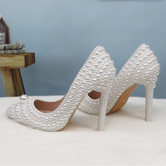 Heels Pearl Purse and Pearl-Embellished Round Stiletto Set White