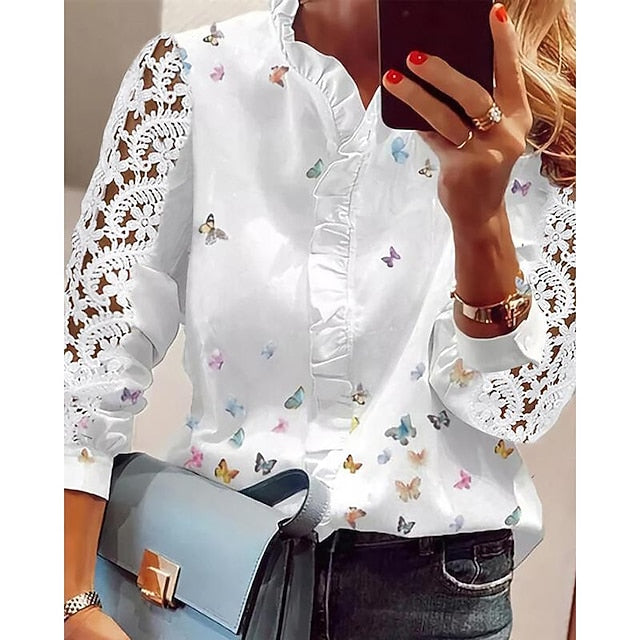 Women's Lace Shirt T Shirt Blouse Eyelet top Lace Butterfly