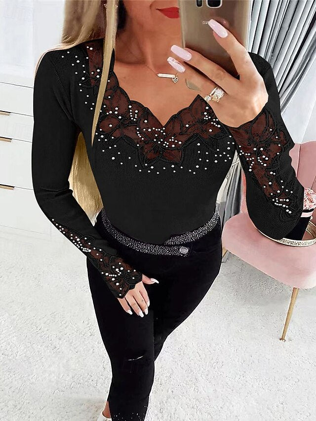 Women's T Shirt Tee Top Lace Patchwork Solid Color Elegant