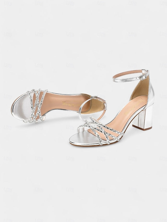 Heel Silver Block Metallic Sandals Strappy with Rhinestone