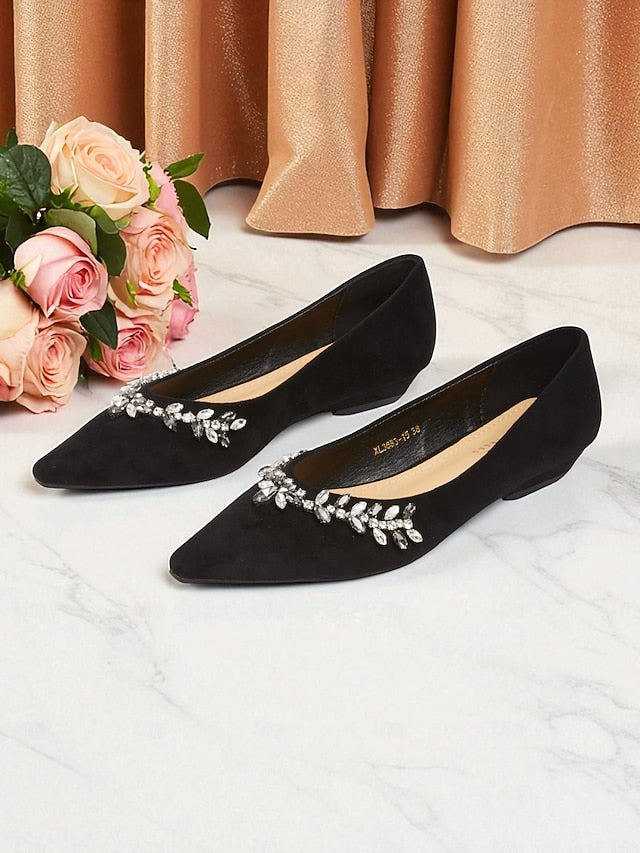 Rhinestone Suede Flats Toe Black Pointed with Women's