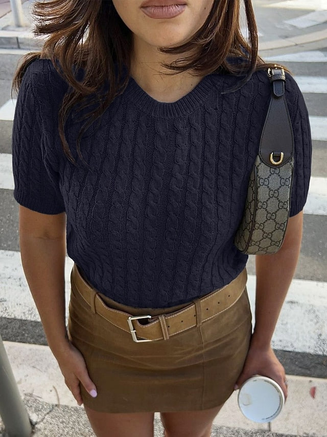 Women's Cable Knit T-Shirt Tee Top Elegant Stylish Casual