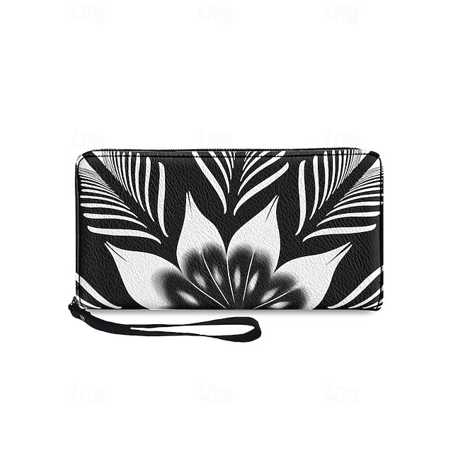 Floral Black Women's Wallet Faux White and Print –