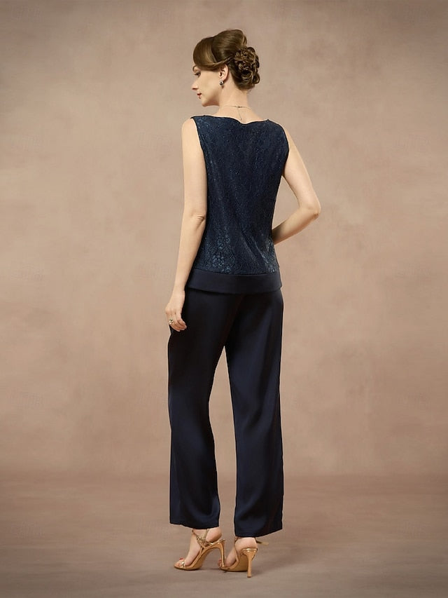 3 Piece Mother of the Bride Pantsuit Metalic Floral Lace