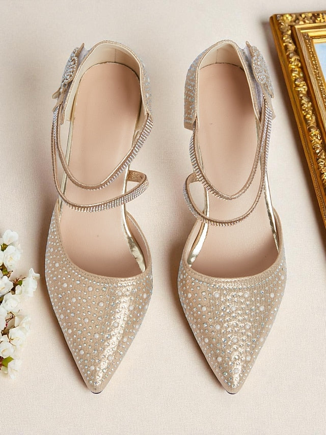 Rhinestone Glitter Heel Women's Strap Low Pointed Ankle Toe