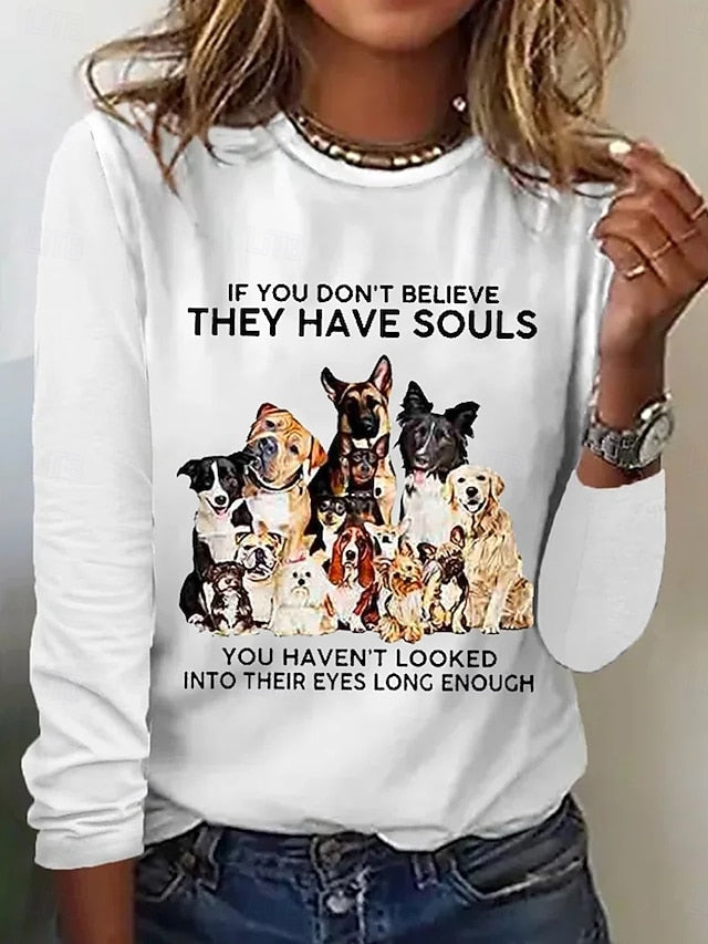 Women's T Shirt Print Cat Letter Casual Long Sleeve Round