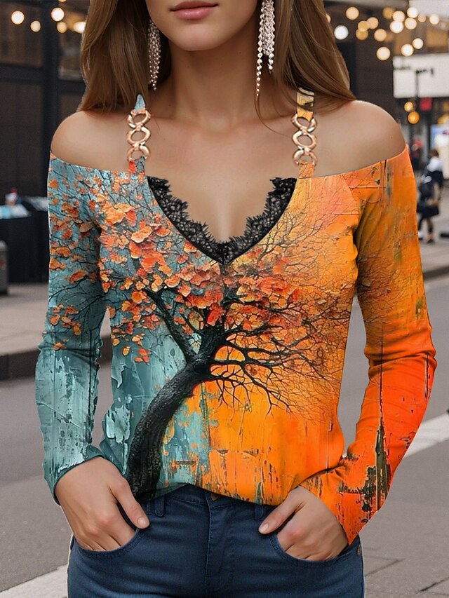 Women's T Shirt Patchwork Print Floral Vintage Casual Long