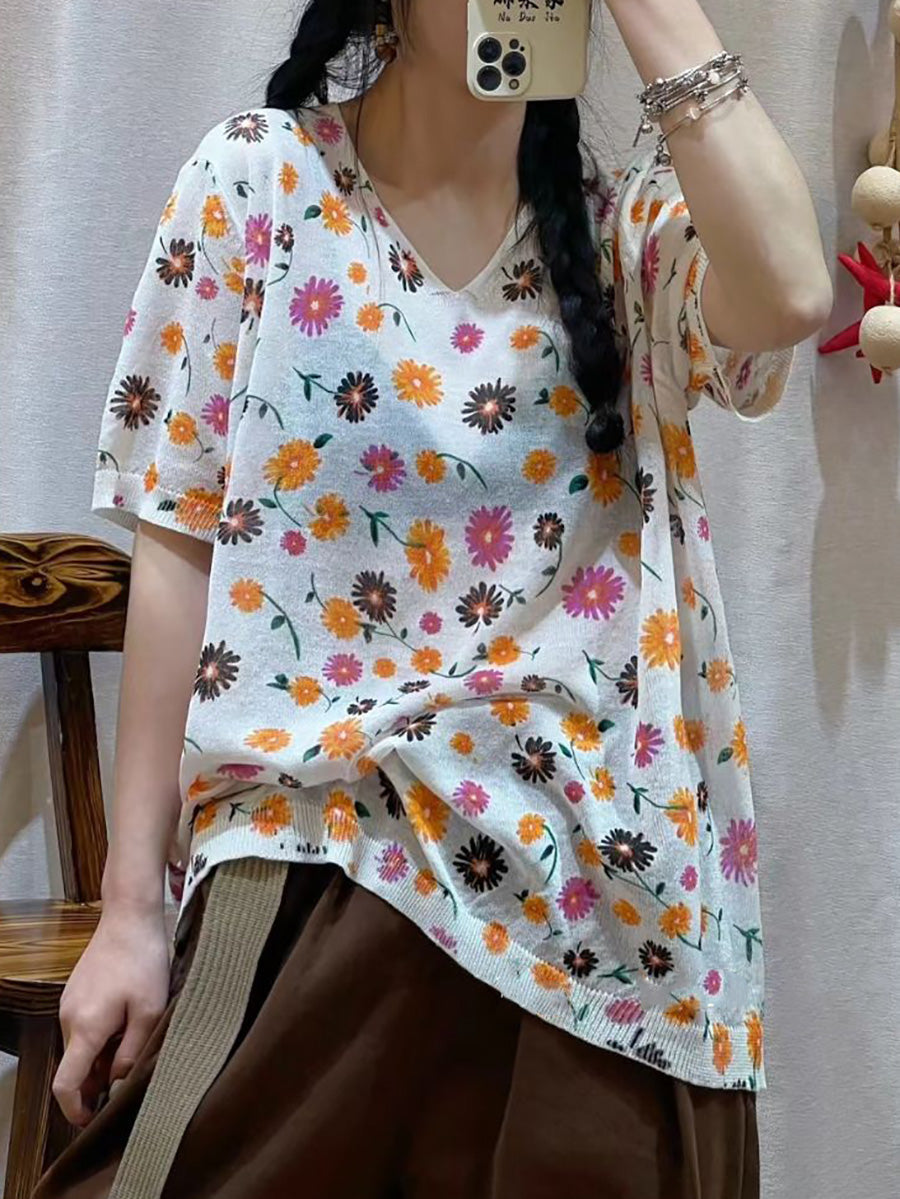 Women Casual Flower Summer V-Neck Loose Pullover Shirt QW1028