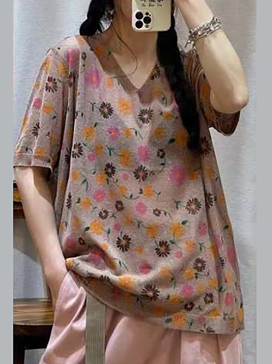 Women Casual Flower Summer V-Neck Loose Pullover Shirt QW1028