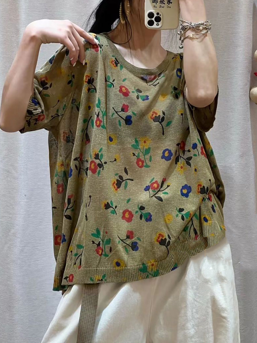 Women Casual Flower Summer Loose Pullover Shirt QW1027