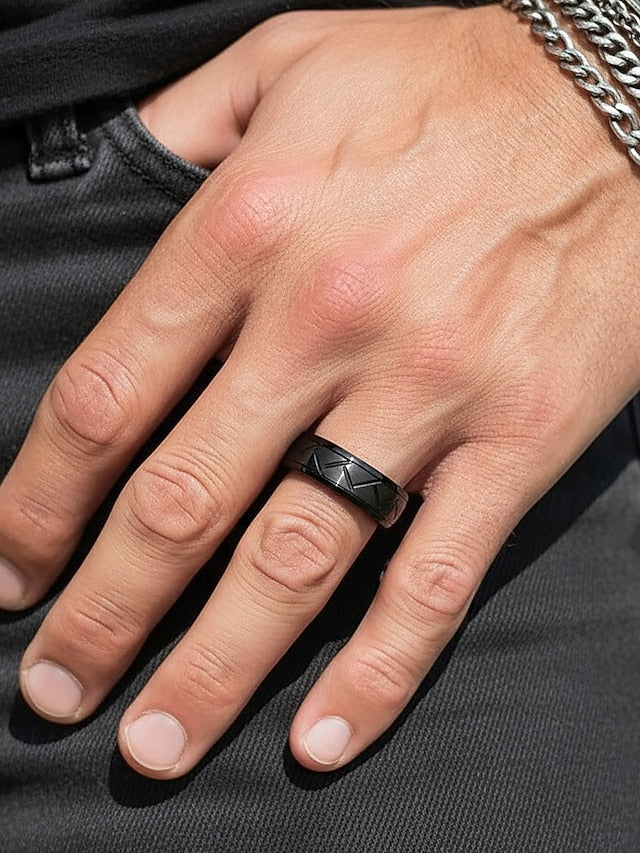 – Stainless Geometric Pattern Steel Men's Modern Rings
