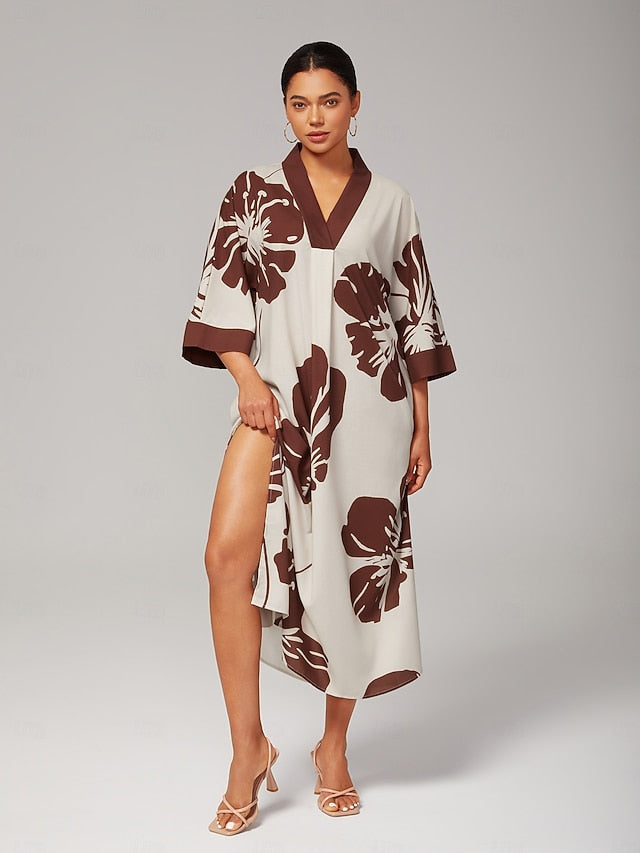 Women Female Casual Dress Brown Short Sleeves 3/4 Sleeve Floral