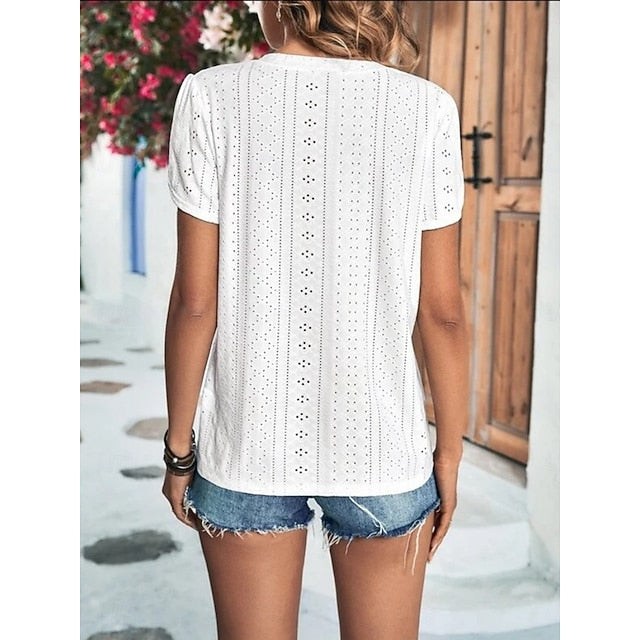 Women's T Shirt Eyelet Plain Fashion Stylish Classic Short