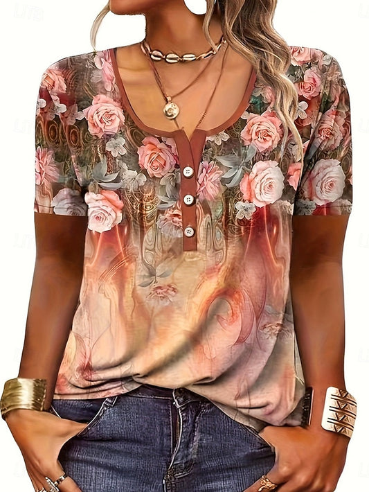 Women's T Shirt Casual Ombre Floral Buttons Short Sleeve