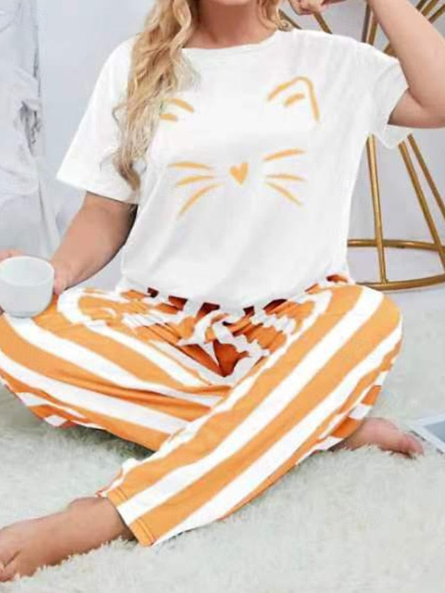 Women's Blouse Pants Sets Short Sleeve Crew Neck Cat
