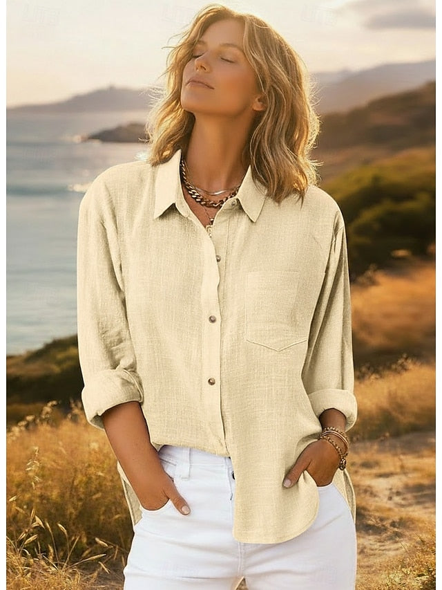 Women's Shirt Button Up Blouse Long Cotton Top Pocket