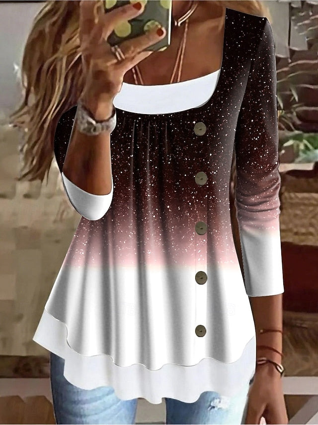 Women's T Shirt Patchwork Buttons Print Ombre Graphic
