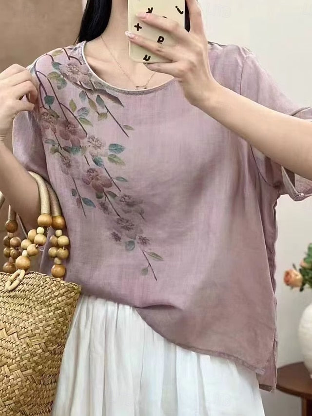 Women's Cotton Linen T Shirt Print Floral Fashion Modern