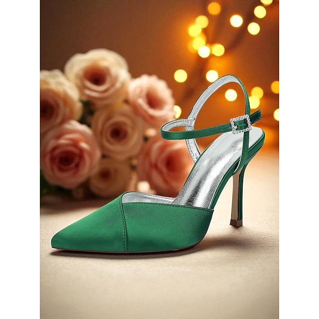 Green Strap Ankle - Women's Stiletto Heels with Satin