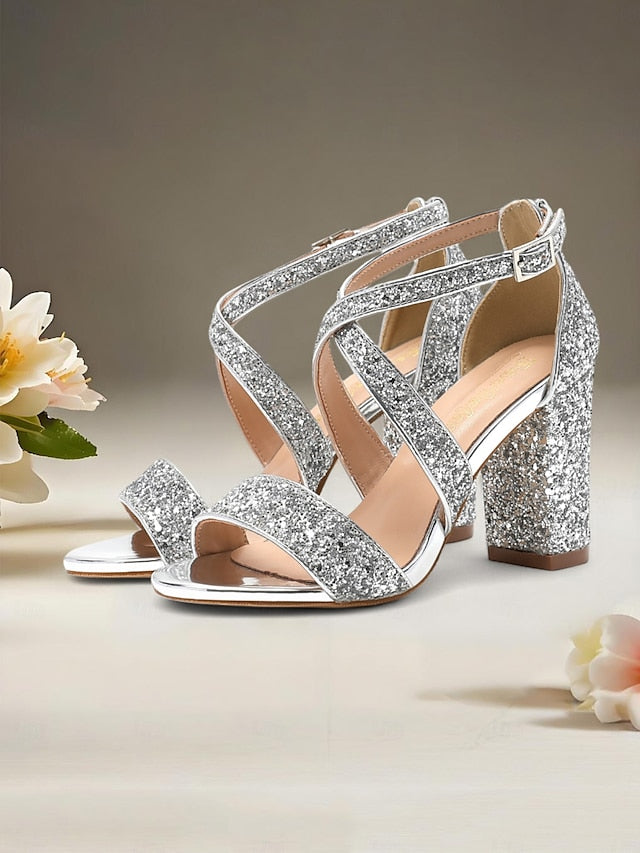 Sandals Block Women's Heel Gold Glitter