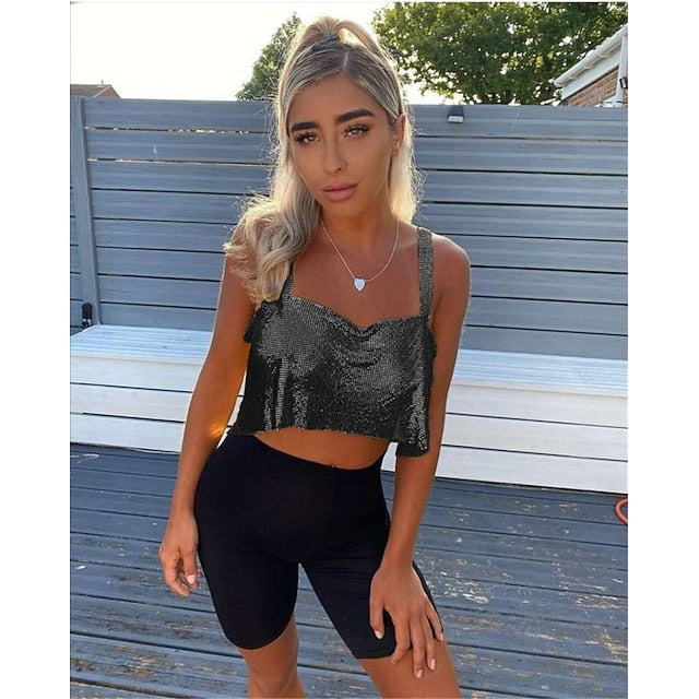 Metallic Backless Sparkle Camisole Crop Tank Top Disco Deep V