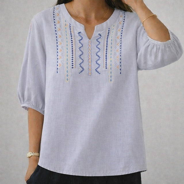 Women's Boho T-shirt Cotton Linen T Shirt Embroidered