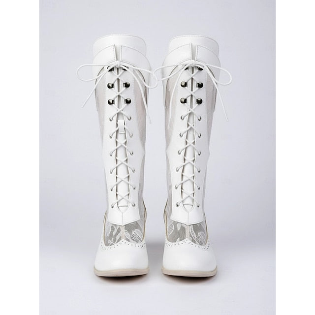 Women's Boots Lace Lace-Up Victorian-Style White with