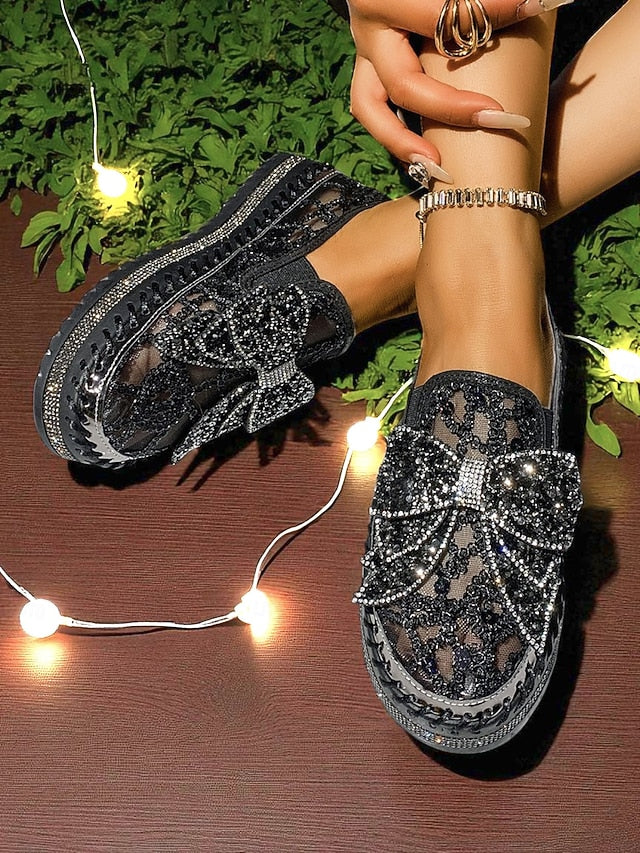 Black Shoes Rhinestone Slip-On Lace Bow with Women's