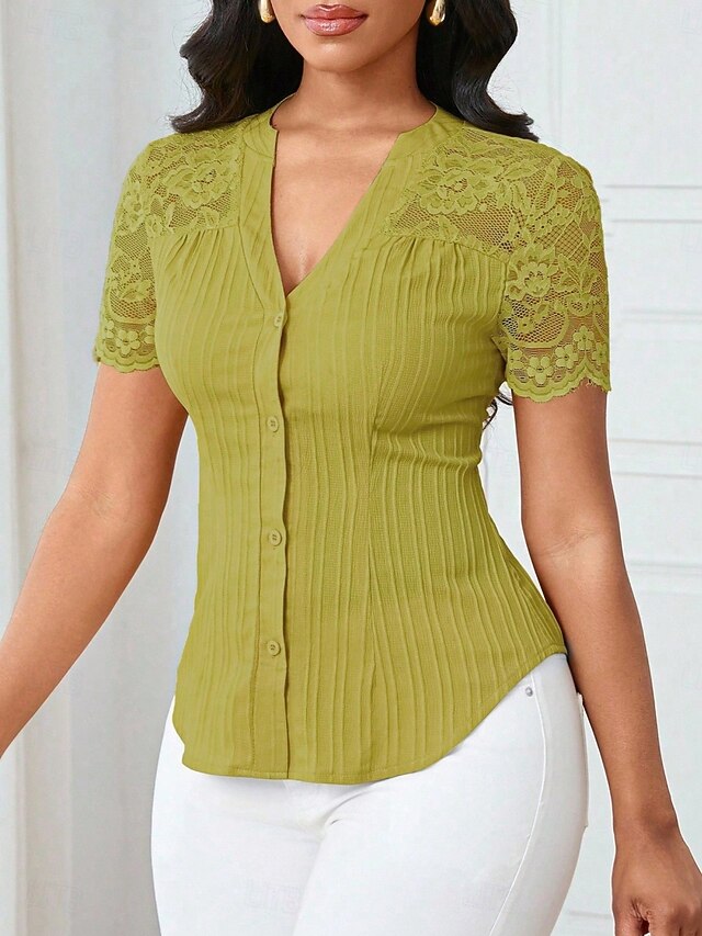 Women's T Shirt Tee Top Lace Patchwork Plain Elegant
