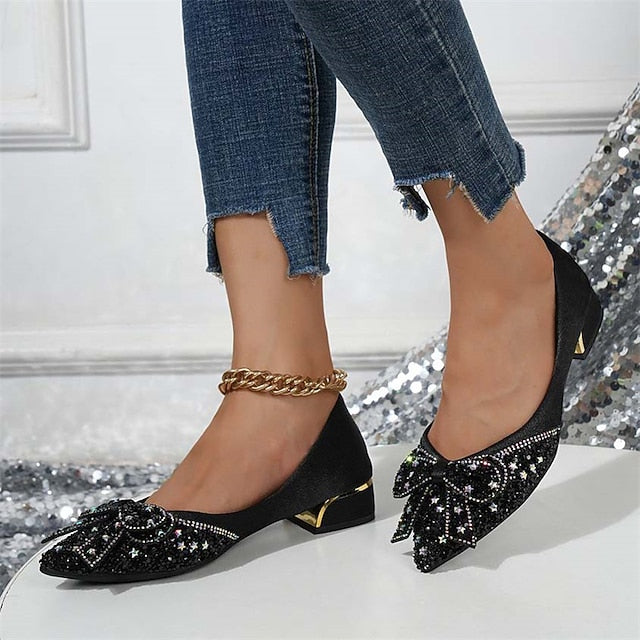 Bow - Glitter Rhinestone Elegant Flats with Women's Detail