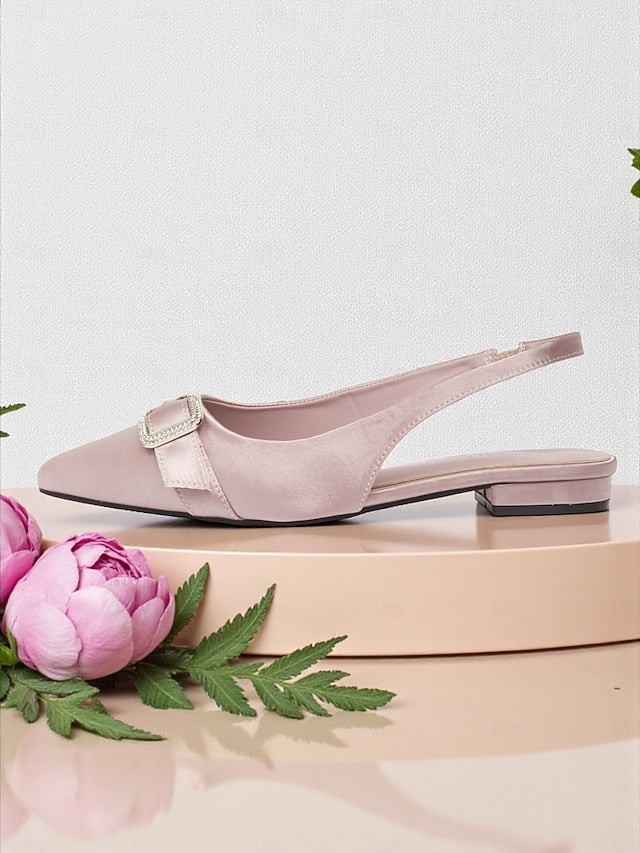 Rhinestone Flats Satin Pink with Slingback Buckle Women's