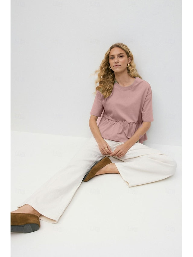 Women's Cotton Shirt Pleats Classic Casual Short Sleeve