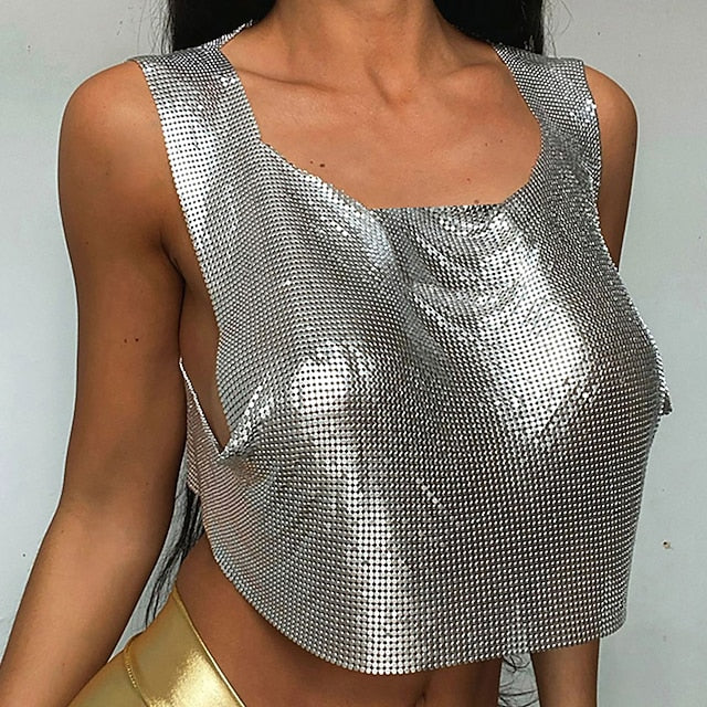 Metallic Sparkle Sexy Crop Tank Top Disco Solid Color Fancy