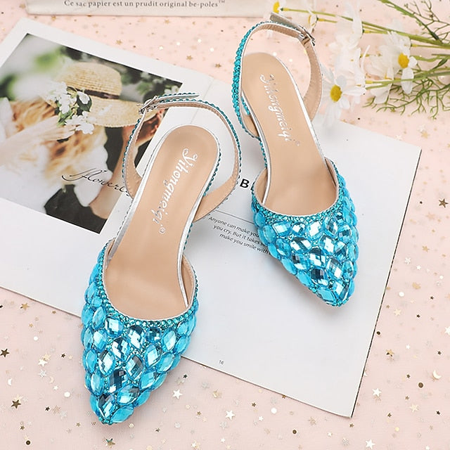 Pointed-Toe Rhinestone High Heels Women's Crystal Slingback