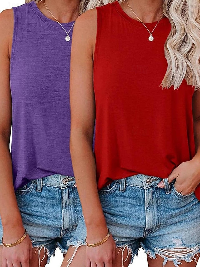 Multi Packs 2pcs Women's Crew Neck Sleeveless Red+Pink Tank