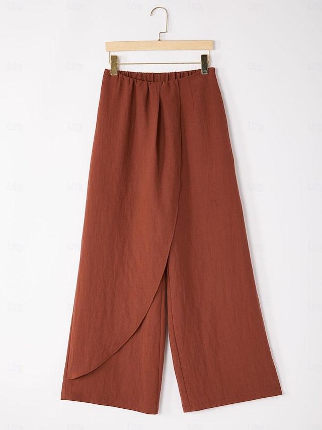 Lyocell-blend Broadcloth Solid Color Loose Long Pants