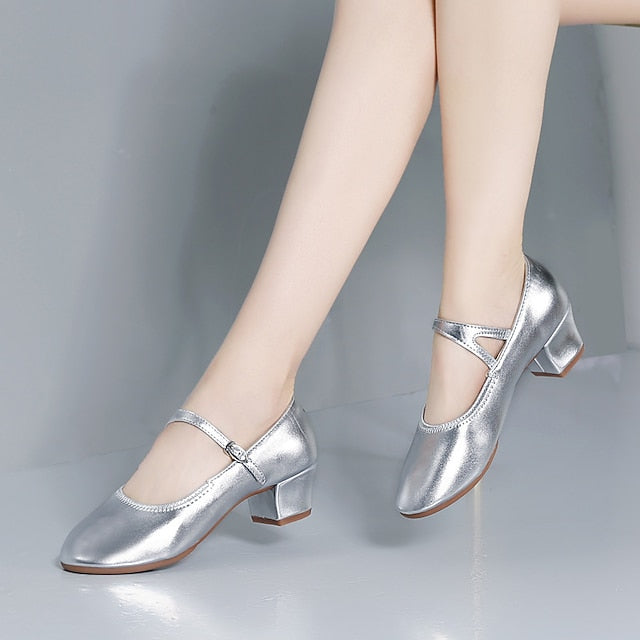 Women's Mary Jane Gold Dance with Buckle Shoes Low Heel
