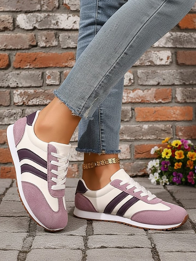Women's Green Retro Stripe Sneakers – Breathable Low-Top