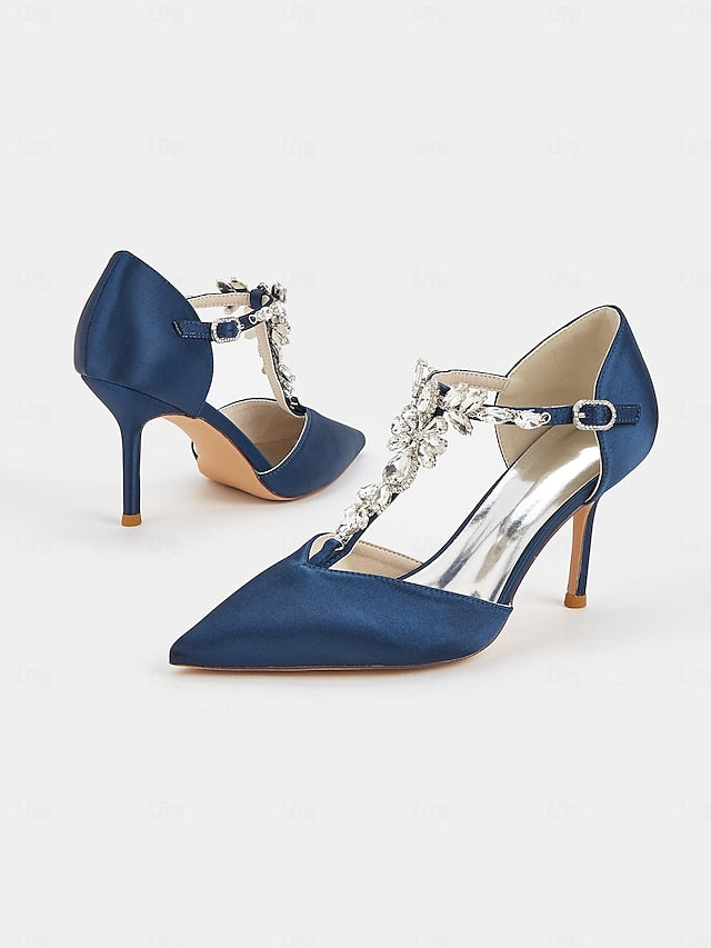 Women's – T-Strap Pointed Toe Satin Heels Blue Navy