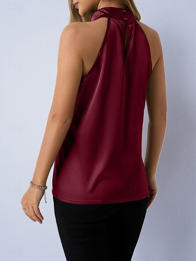 Women's Halter Neck Top Satin Shirt Blouse Sleeveless Shirt