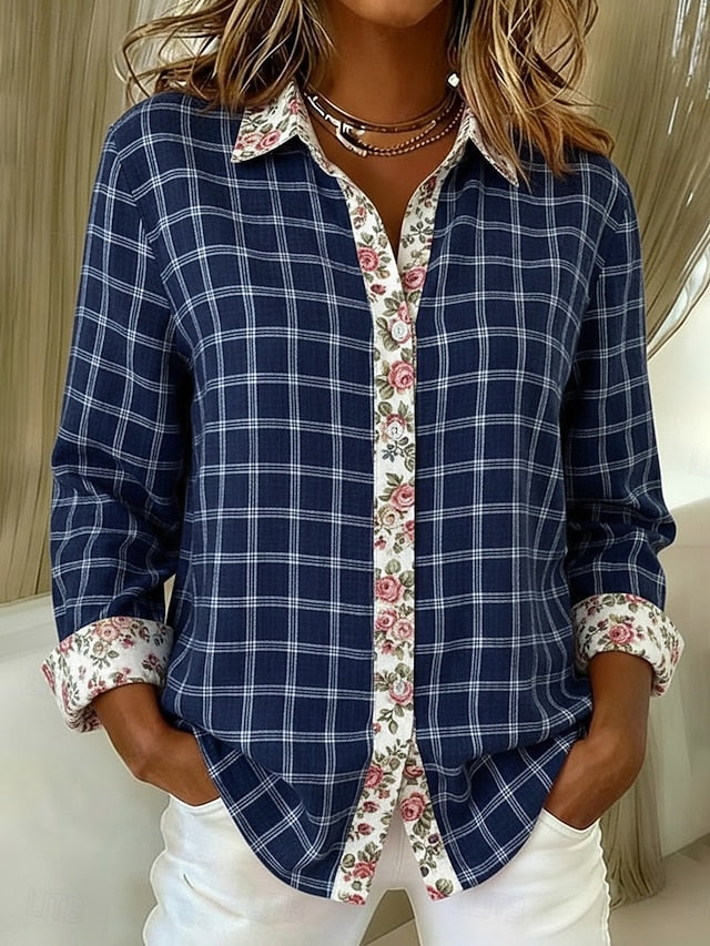 Women's Shirt Faux Cotton Linen Buttons Print Plaid Vintage