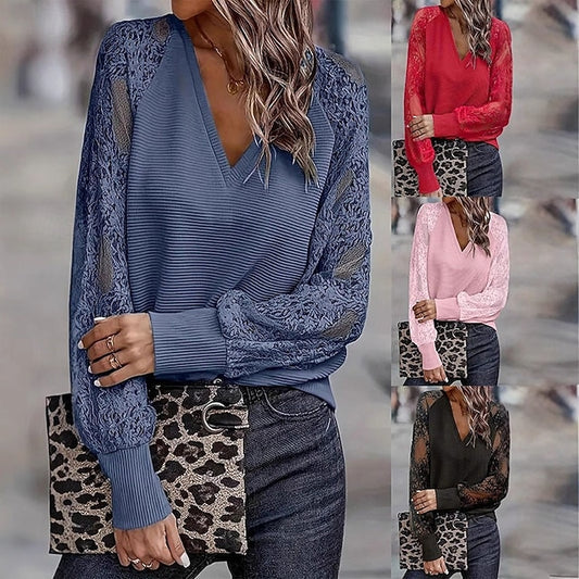Women's Lace Splicing Top Blouse Ruched Lace Patchwork