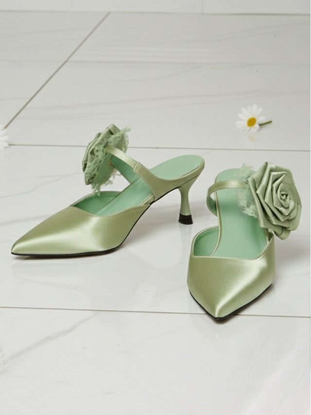 with Satin Toe Green Heels Women's Pointed Floral Ankle