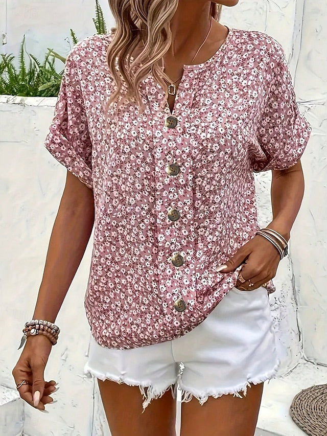 Women's T Shirt Tee Top Buttons Print Floral Fashion