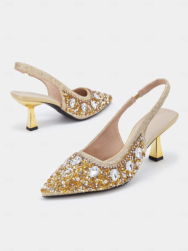 with Slingback Pearl Heels Rhinestone Women's Gold