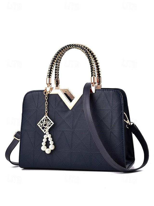 Women's Faux Leather Handbag with Pearl Pendant – Elegant
