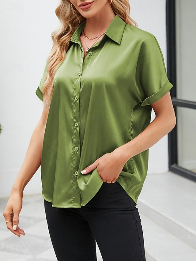 Women's Shirt Elegant Dressy Satin Top Buttons Solid Color