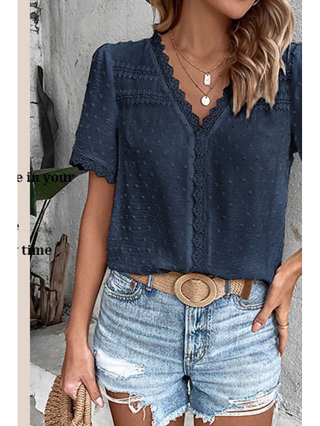 Women's T Shirt Lace Solid Color Fashion Short Sleeve V